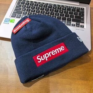 Supreme Dark Blue Knit Hat with Red Logo